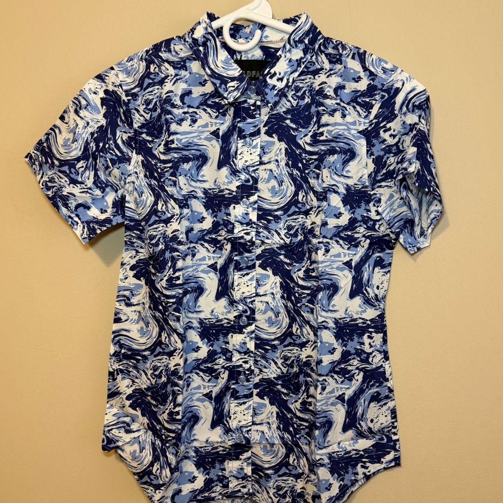 Wildfang The Essential SS Button Up Blue Marble Swirl Print Cotton Shirt Small
